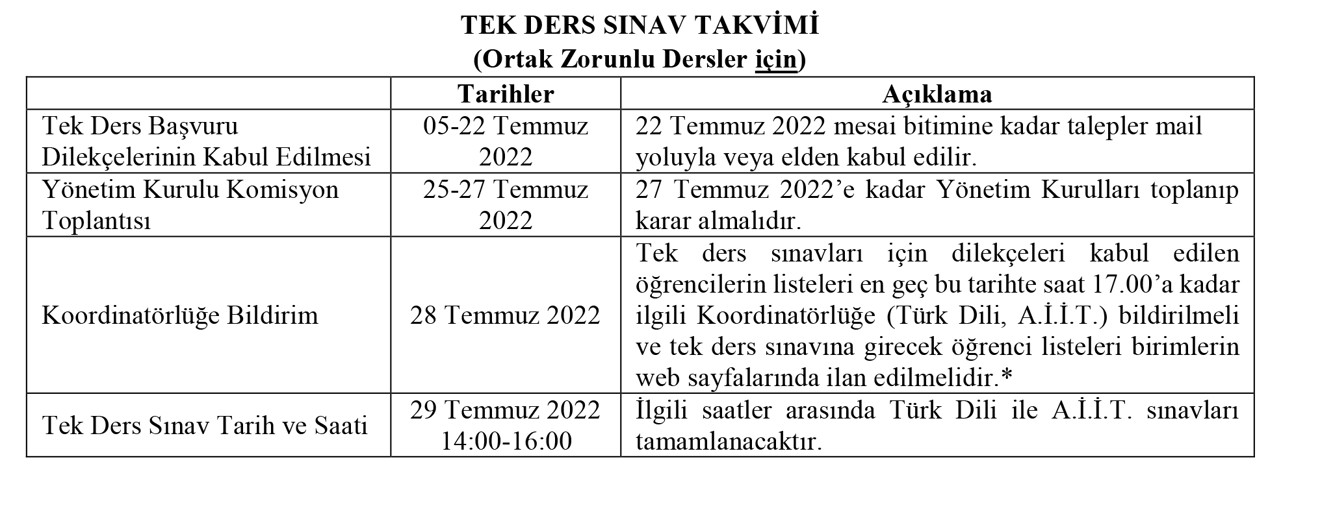 Tek Ders Sınav Tarihi